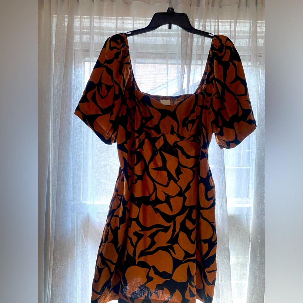 A New Day Burnt Orange Black Puff Sleeve Sweetheart Neck Canvas Mini Dress sz XL